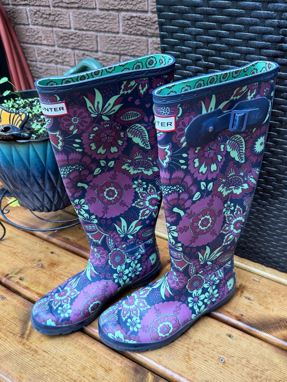 Hunter Original Tall Floral Rain Boots - Vintage Purple/Mint Green